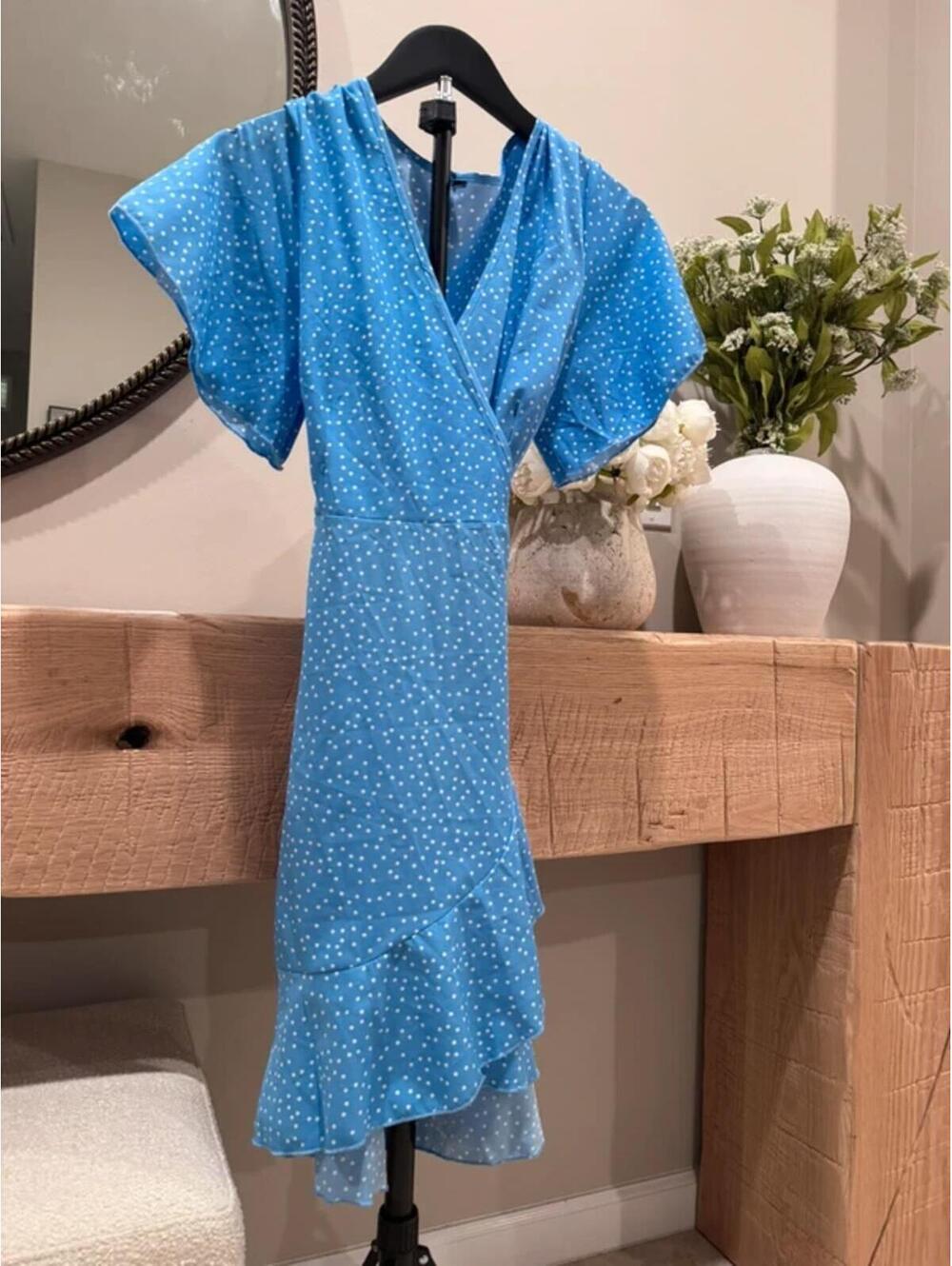 Vintage Style Light Blue White Polka Dot Size Large Dress